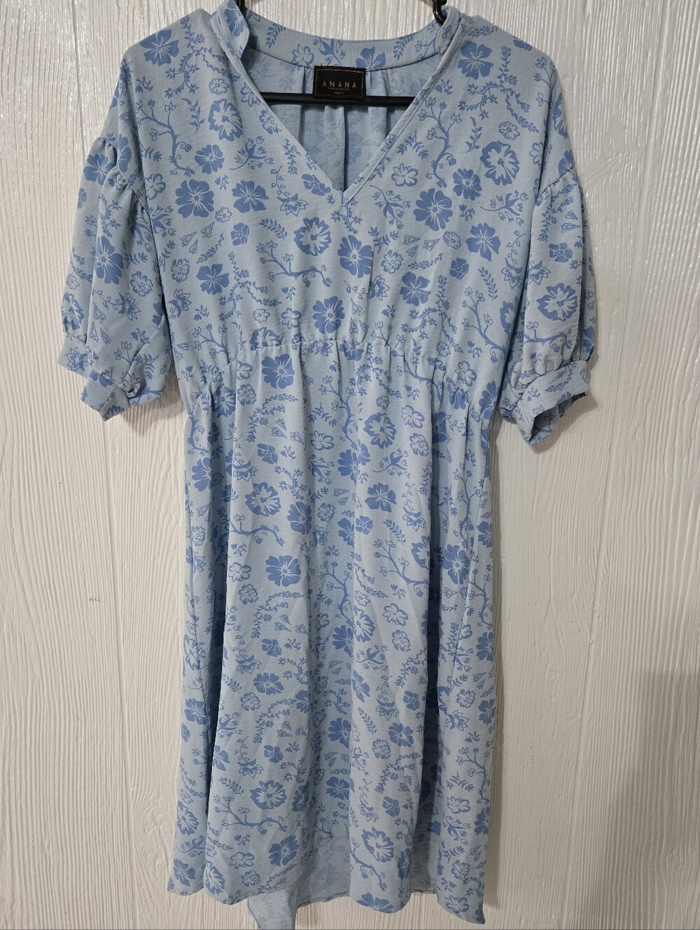 AMANA Women's Small Blue Floral V Neck Midi Dress 3/4 Sleeve Boho Casual